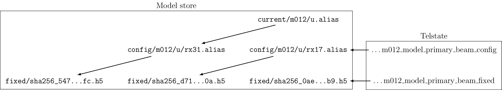 %\documentclass{standalone}
%\usepackage{tikz, underscore}
%\usetikzlibrary{chains, positioning, fit}
%\begin{document}
\begin{tikzpicture}[
    file/.style={font=\ttfamily},
    tskey/.style={font=\ttfamily},
    start chain=s3 going below,
    >=latex,
    link/.style={->, thick},
    every join/.style={link}
]

\node[file, on chain] (s3-current) {current/m012/u.alias};
\node[file, on chain] (s3-config) {config/m012/u/rx17.alias};
\node[file, on chain] (s3-fixed) {fixed/sha256_0ae\ldots b9.h5};
\node[file, on chain=going left, join=with s3-config] (s3-fixed-new)
  {fixed/sha256_d71\ldots 0a.h5};
\node[file, left=of s3-config] (s3-config-new)
  {config/m012/u/rx31.alias};
\node[file, left=of s3-fixed-new] (s3-fixed-new2)
  {fixed/sha256_547\ldots fc.h5};
\draw[link] (s3-current) -- (s3-config-new);
\draw[link] (s3-config-new) -- (s3-fixed-new2);
\node[fit={(s3-current) (s3-config) (s3-fixed) (s3-fixed-new)
           (s3-config-new) (s3-fixed-new2)}, draw, label={Model store}] {};

\node[right=of s3-config, start chain=ts going below, on chain] (ts-latest) {
    \ldots m012_model_primary_beam_config};
\node[on chain=ts] (ts-fixed) {\ldots m012_model_primary_beam_fixed};
\node[fit={(ts-latest) (ts-fixed)}, draw, label=Telstate] {};
\draw[link] (ts-latest) -- (s3-config);
\draw[link] (ts-fixed) -- (s3-fixed);
\end{tikzpicture}
%\end{document}